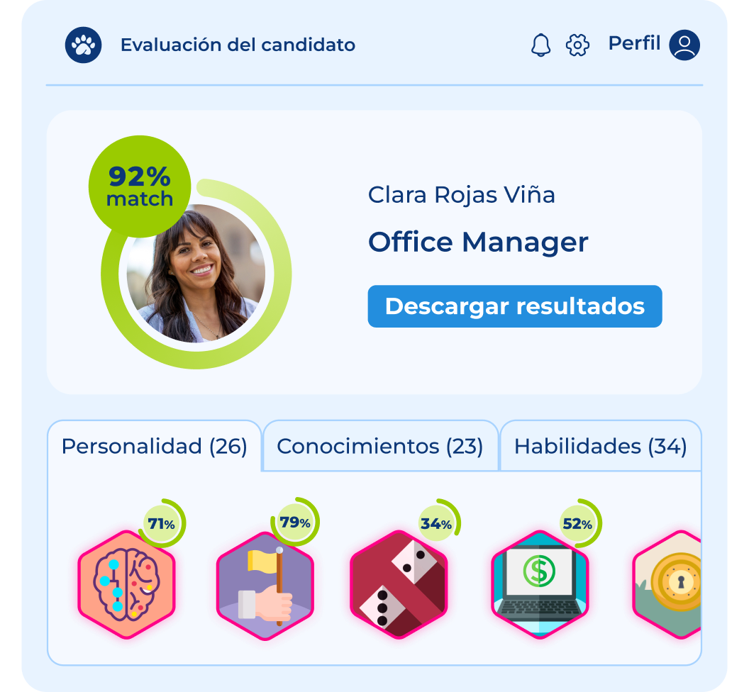 Imagen de una candidata que esta alinada en un 92% a una vacante con una serie de iconos de juegos gamificados sobre personalidad, conocimientos y habilidades