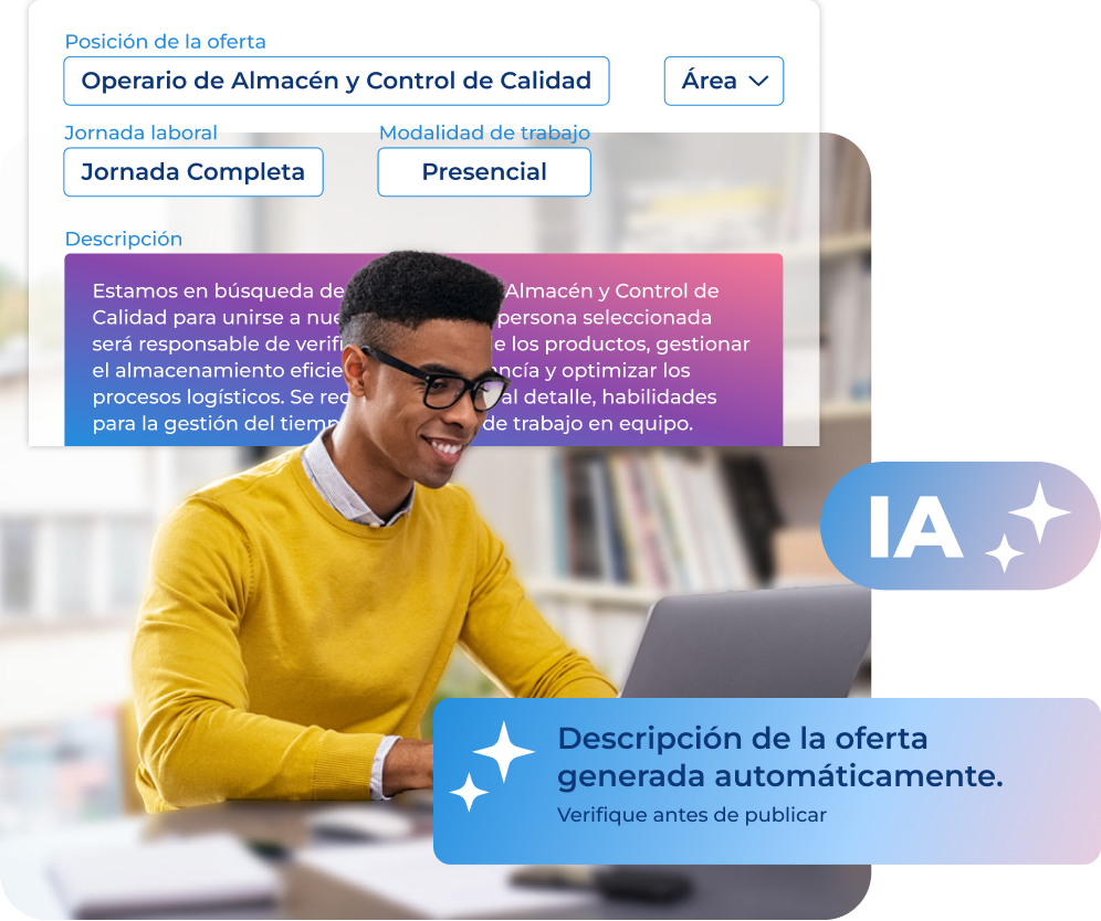 Hombre ejecutivo redactando una vacante de empleo con la IA de Pandapé