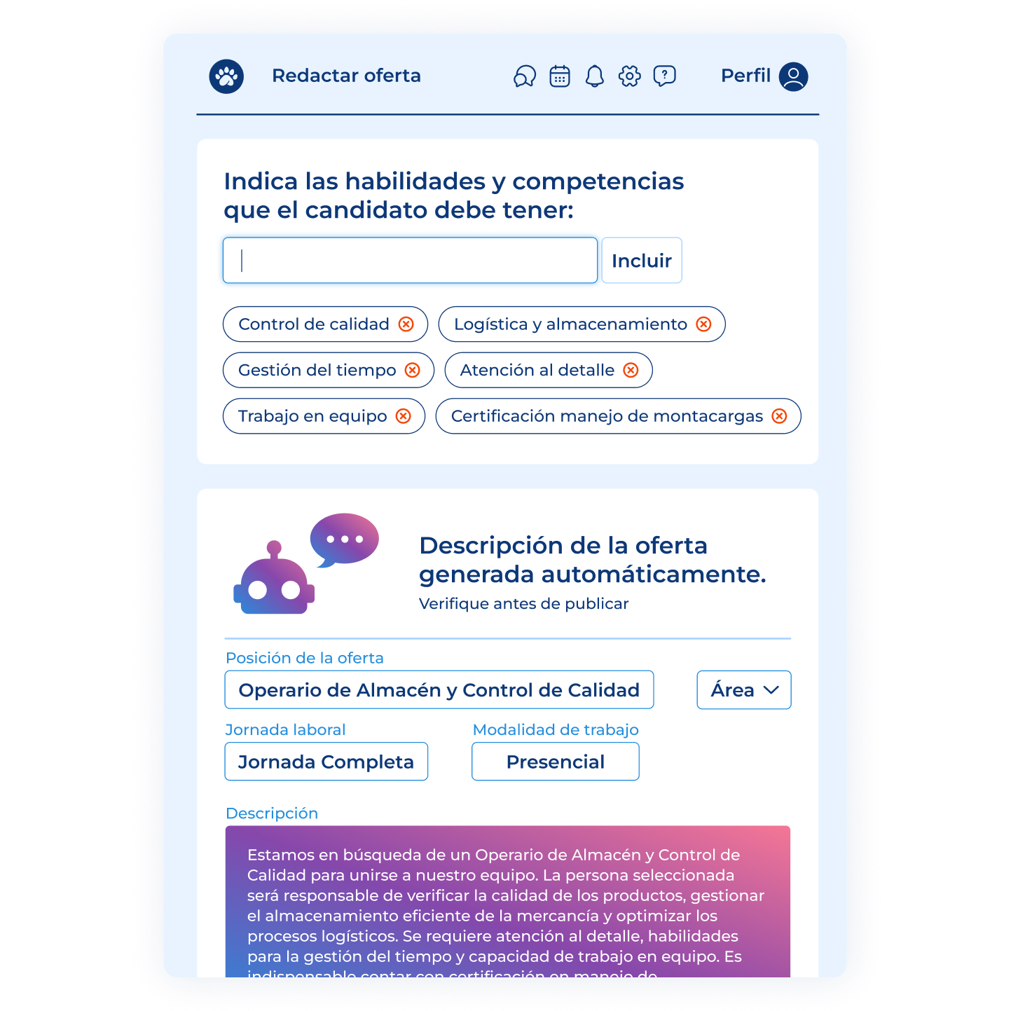 Creación de oferta de trabajo en Pandapé