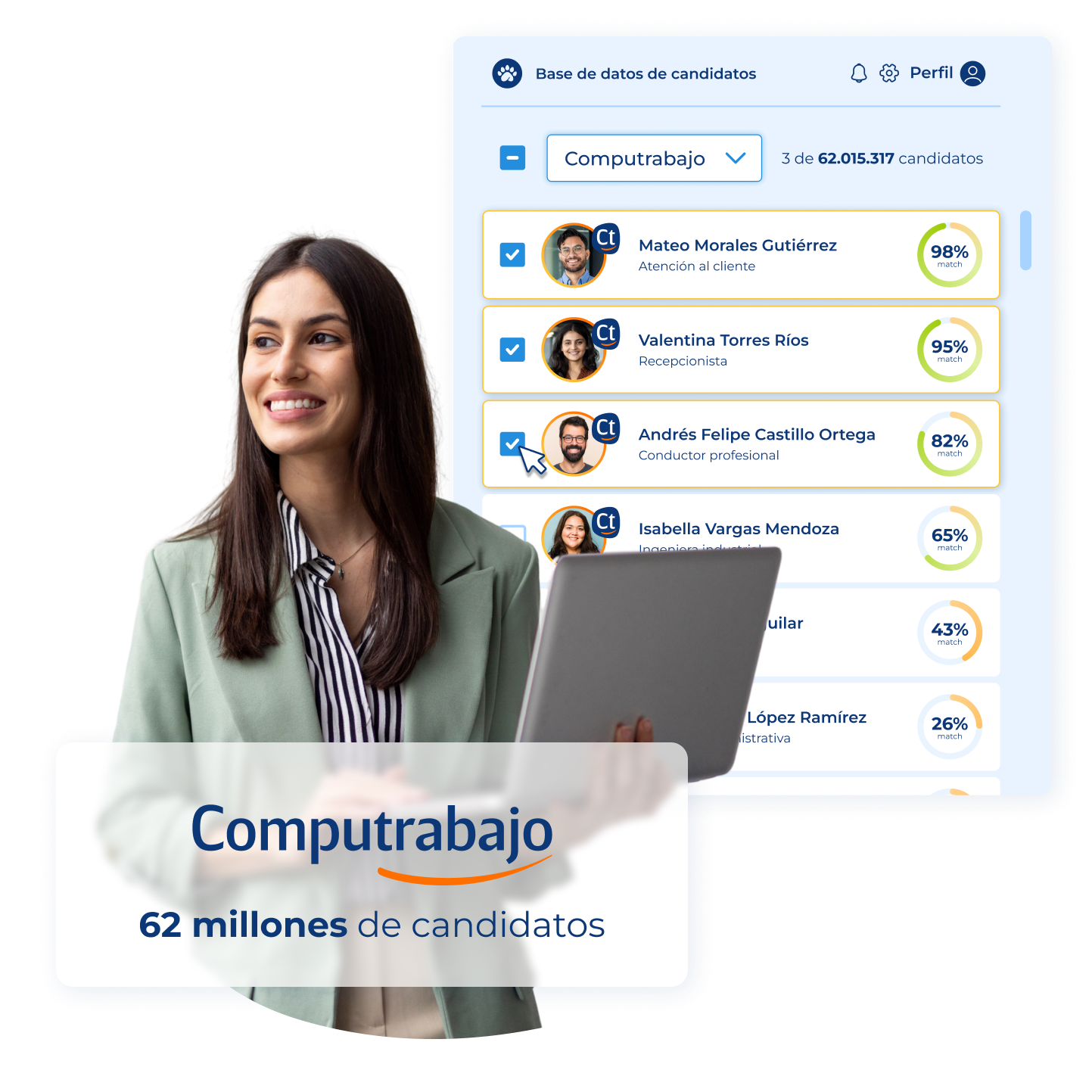 Mujer ejecutiva usando computrabajo y Pandapé