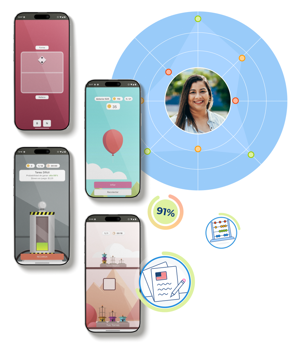 Al centro aparece una persona rodeada de un gráfico circulaR que simbolizan las competencias. A la izquierda se observan varios teléfonos móviles con minijuegos interactivos, todos diseñados para medir destrezas cognitivas y de resolución de problemas de manera lúdica.