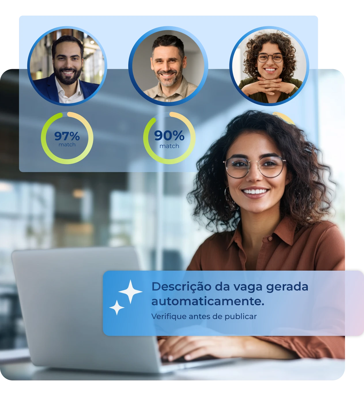 Mulher morena com óculos sorrindo em frente ao laptop, com destaque para perfis de candidatos e índices de compatibilidade. A imagem representa o Software de Recrutamento da Pandapé com inteligência artificial para seleção automatizada.