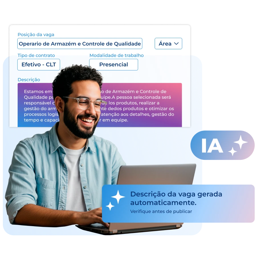 Homem negro com óculos e suéter amarelo utiliza laptop enquanto na tela aparecem campos de vaga e descrição automática gerada por IA. A imagem ilustra o Software de Recrutamento da Pandapé com inteligência artificial para otimizar processos seletivos.