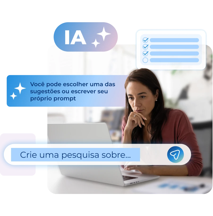 Mulher jovem de cabelos castanhos usando notebook, interagindo com recursos de inteligência artificial. A ilustração destaca prompts e automação do Software de Recrutamento Pandapé.