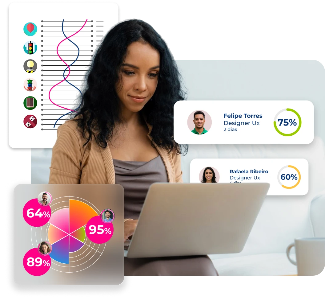 Mulher séria de cabelo preto, sentada e usando um notebook, analisando gráficos e pontuações de candidatos. O Pandapé, nosso Software de Recrutamento, filtra e avalia talentos, garantindo a contratação de alto nível