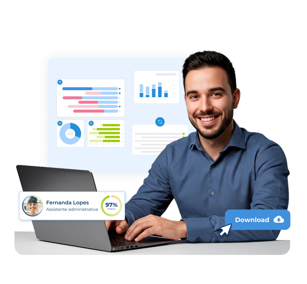 Homem sorrindo usando um notebook, visualizando dashboards e um perfil de candidata com 97% de match, e a opção 