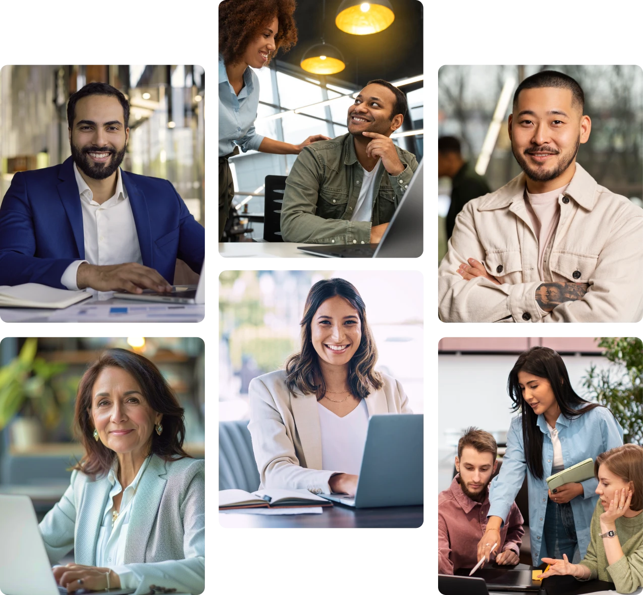 Homens e mulheres de diferentes idades e estilos em escritório de grandes e médias empresas, sorrindo e colaborando com laptops. Utilizando o ATS do Pandapé um Software de Recrutamento