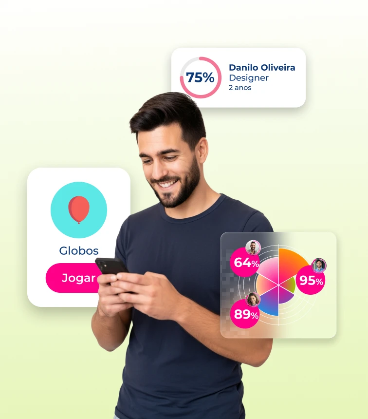 Homem barbudo sorrindo enquanto usa o celular, visualizando dados de candidatos e o jogo 