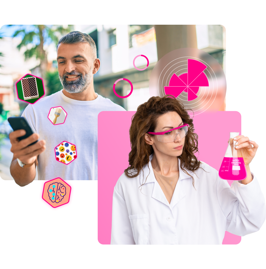 A la izquierda, un hombre sonriente utiliza su teléfono móvil mientras camina, rodeado de íconos que representan ciencia y tecnología. A la derecha, una científica con bata blanca y gafas protectoras sostiene un matraz, analizando atentamente su contenido. Los elementos gráficos en tonos vibrantes refuerzan la idea de innovación, ciencia aplicada y conexión entre la investigación y la vida cotidiana.