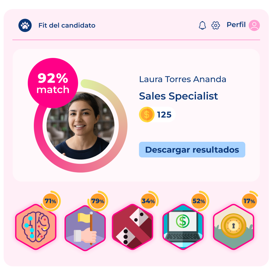 La interfaz simulada muestra un perfil de candidata con un 92% de compatibilidad para un puesto. Los gráficos de barras inferiores con diferentes porcentajes sugieren un análisis comparativo de habilidades o métricas.