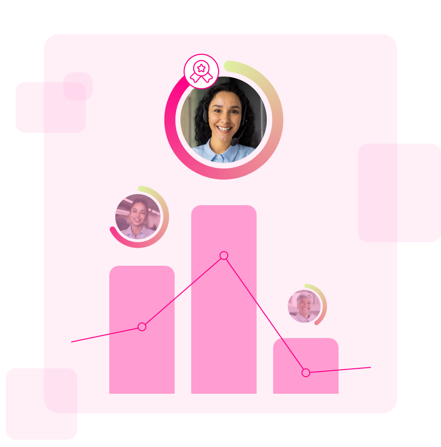 Panel gráfico en tonos rosados, con retratos circulares de distintos candidatos distribuidos a lo largo de una línea con nodos, simulando métricas de rendimiento o evolución en el proceso de selección.