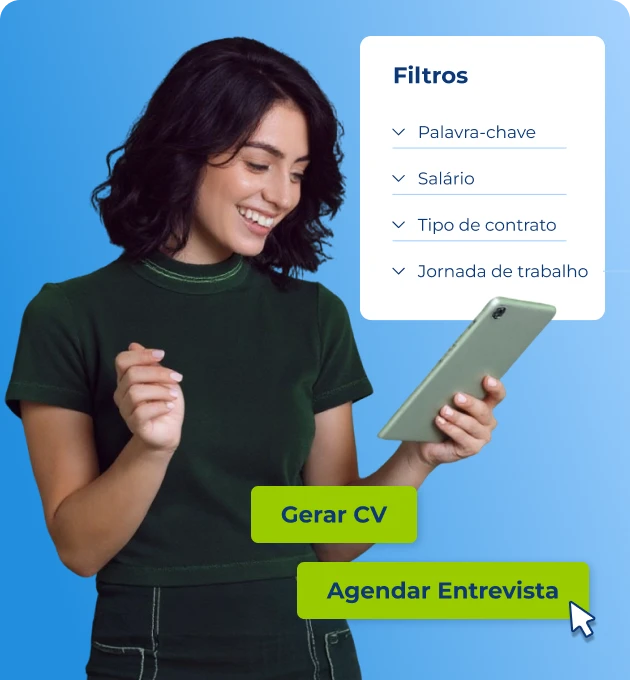 Mulher segura tablet enquanto aplica filtros como palavra-chave, salário, tipo de contrato e jornada de trabalho, com botões para gerar CV e agendar entrevista, destacando a praticidade do Software de Recrutamento Pandapé