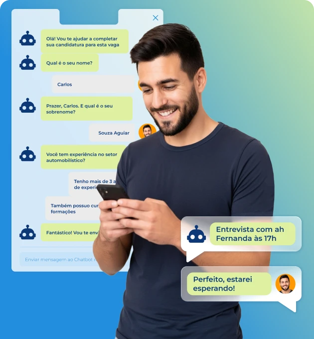 Homem segura celular enquanto conversa com chatbot sobre experiência profissional e recebe confirmação de entrevista às 17h, ilustrando a automação e agilidade do Software de Recrutamento Pandapé