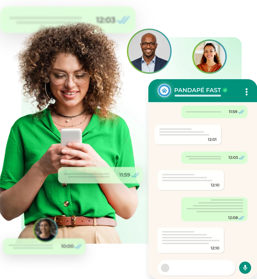 Mulher de camisa verde usa celular enquanto interage em chat do Pandapé Fast com mensagens e áudios, cercada por ícones de candidatos, destacando a agilidade do Software de Recrutamento Pandapé