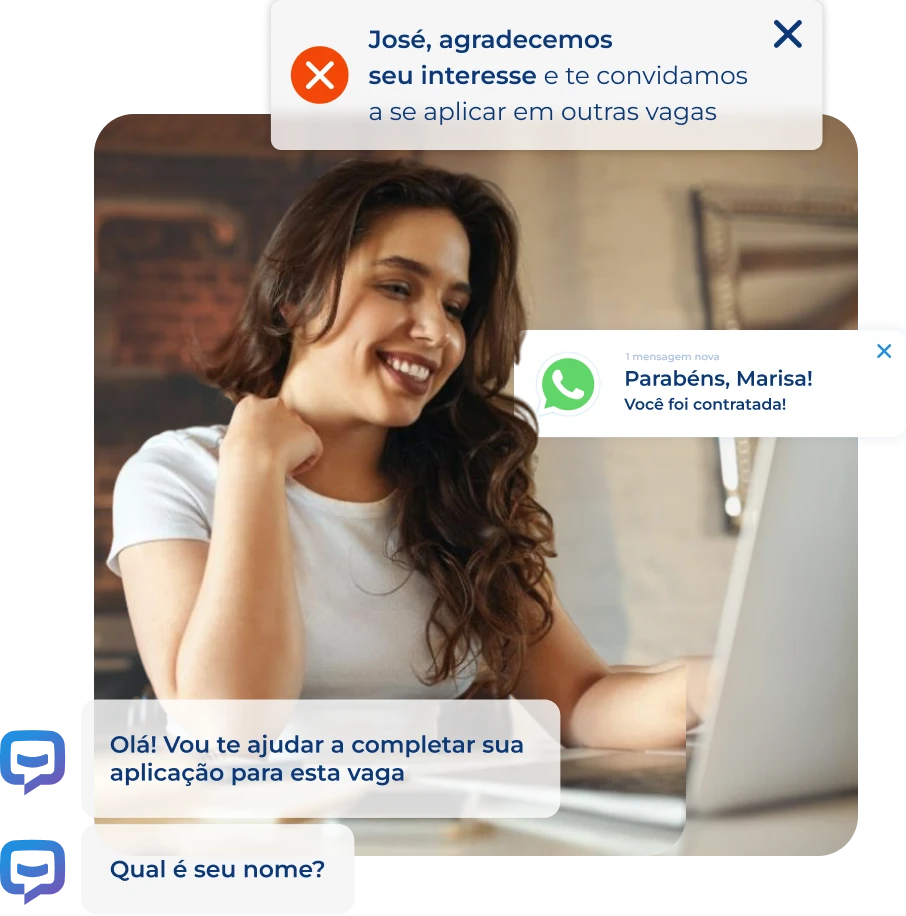 Mulher sorridente usa notebook enquanto recebe mensagens automáticas de processo seletivo, como convite para novas vagas e confirmação de contratação, destacando a eficiência do Software de Recrutamento Pandapé