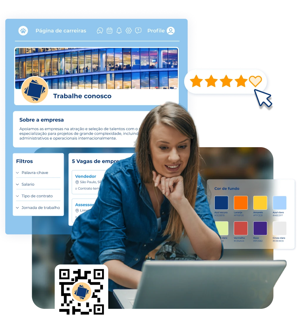 imagem mostra uma mulher de cabelos longos sorrindo, ao fundo o software de recrutamento pandapé, onde atraem os melhores candidatos para sua vaga