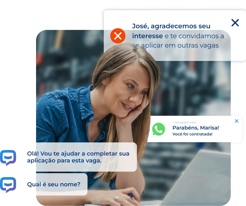 imagem mostra uma mulher de cabelos longos sorrindo, acessando o software de recrutamento pandapé, onde os processos de recrutamento sao encantadores para os candidatos