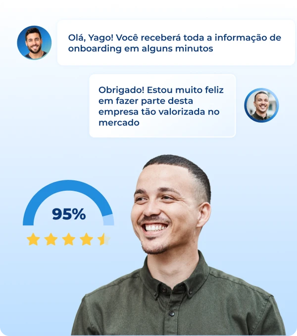 imagem de um homem sorrindo, ao fundo o software de recrutamento Pandapé, onde voce recebe todas informações de onboarding