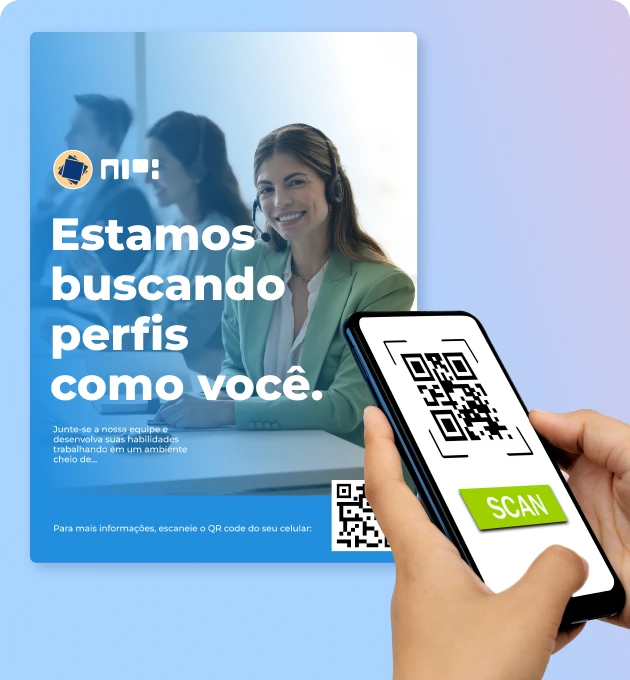 software de recrutamento - imagem mostra um folder ao fundo e uma pessoa com um celular para ler o QR CODE para um recrutamento offline