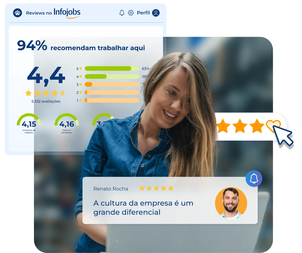 imagem mostra uma mulher de cabelos longos sorrindo, ao fundo telas do software de recrutamento Pandapé, mostrando a recomendação das empresas para trabalhar