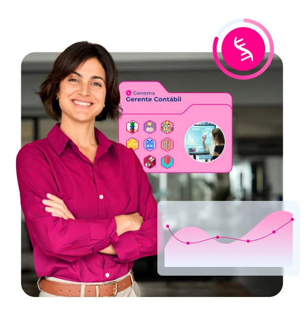 Mulher sorridente com cabelo curto e camisa rosa, ao fundo o software de recrutamento pandapé genoma mostra o seu cargo atraves do Genoma expert - Pandapé.