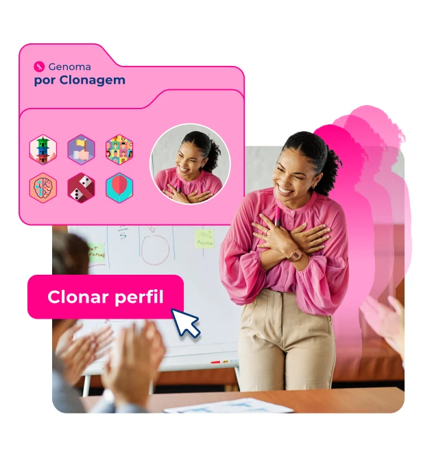 Mulher sorridente de cabelo longo utilizando uma camisa rosa, atrás dela tem alguns clones dela mesmo, representando o software de recrutamento Pandapé Genoma por clonagem, baseado nas características e competências de um funcionário replicado para novos funcionários desejados - Pandapé.