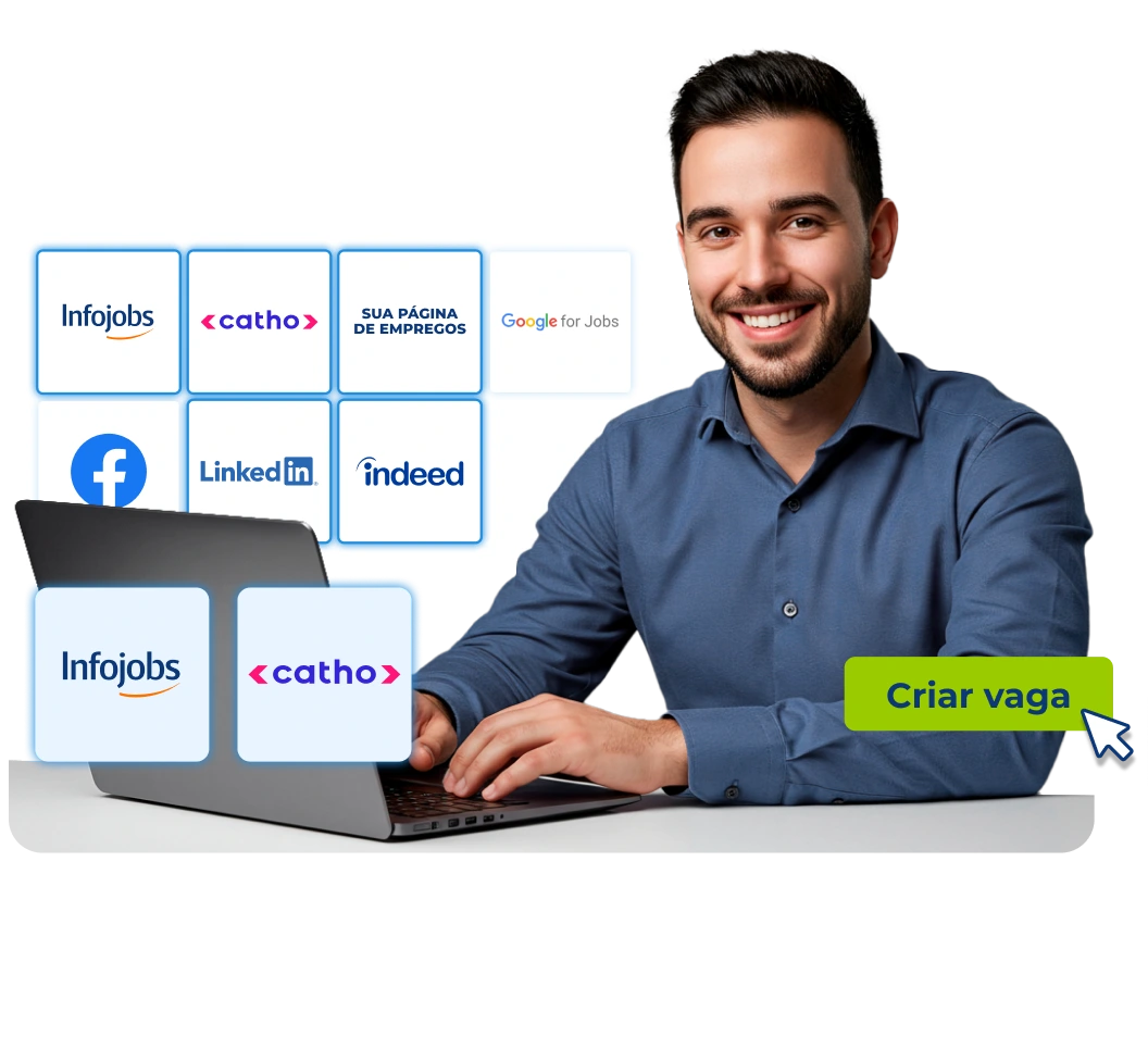 Homem branco de cabelo escuro utilizando seu computador, ao fundo estão as marcas Infojobs, Catho, Pandapé e o software de recrutamento