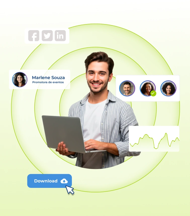 homem branco de cabelo medio, está com seu notebook em mãos, ao fundo o software de recrutamento Pandapé, onde ele consegue automatizar e centralizar todo o processo de recrutamento