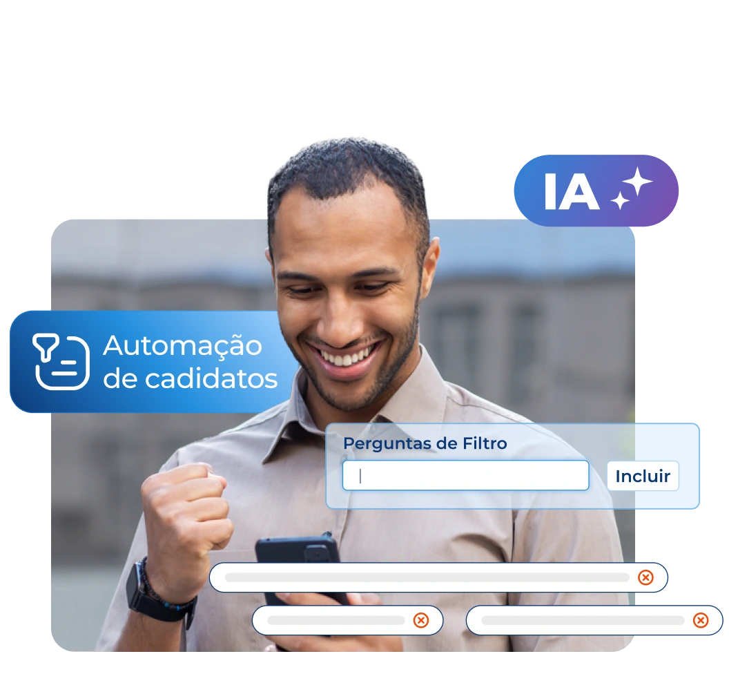 homem de cabelo curto está com o seu celeular nas mãos e ao fundo o software de recrutamento na area de automação de candidatos com ajuda da inteligência artificial - Pandapé