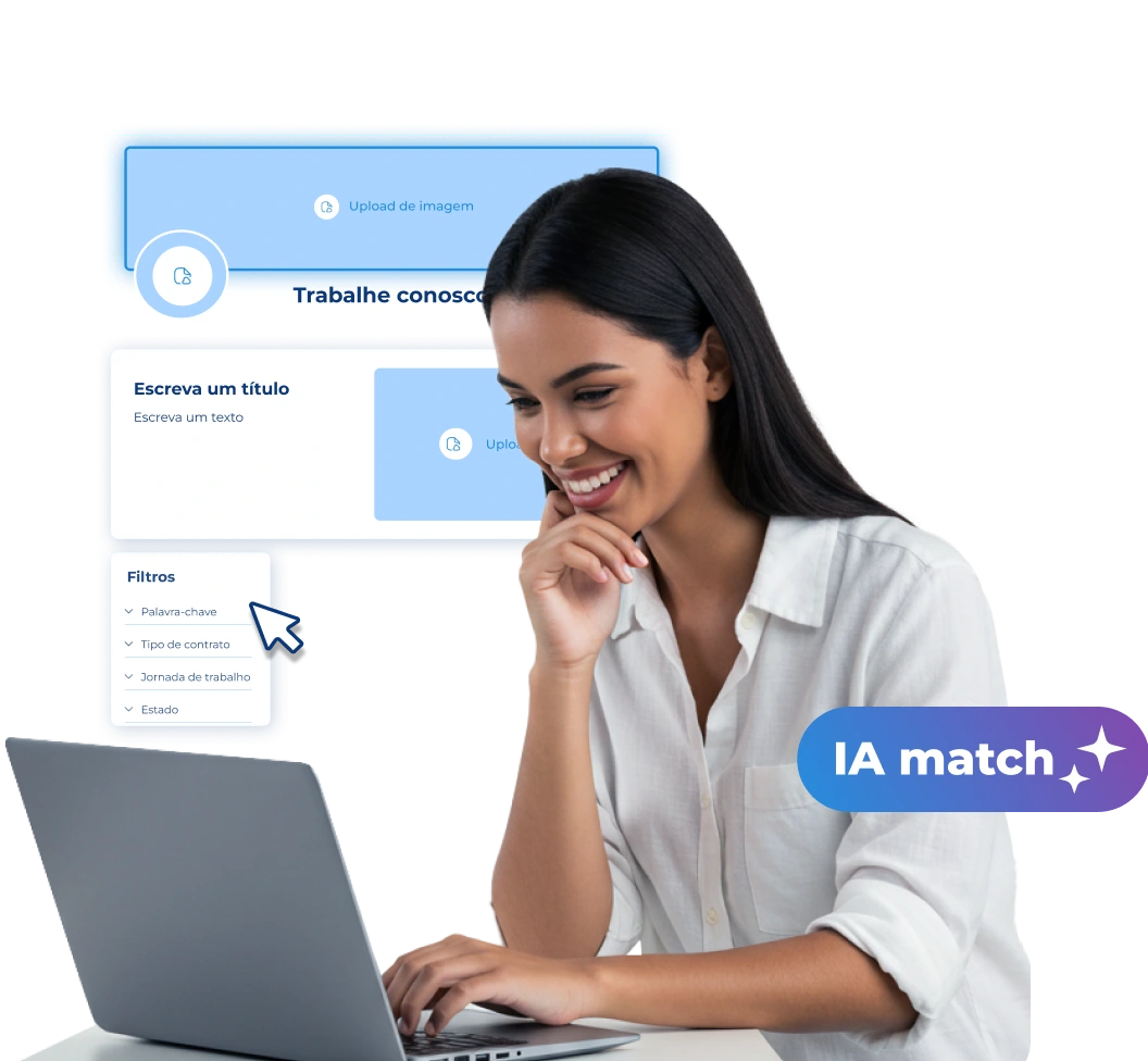 mulher com cabelos longos e escuros está acessando o seu notebook, ao fundo uma tela do software de recrutamento com inteligência artificial
