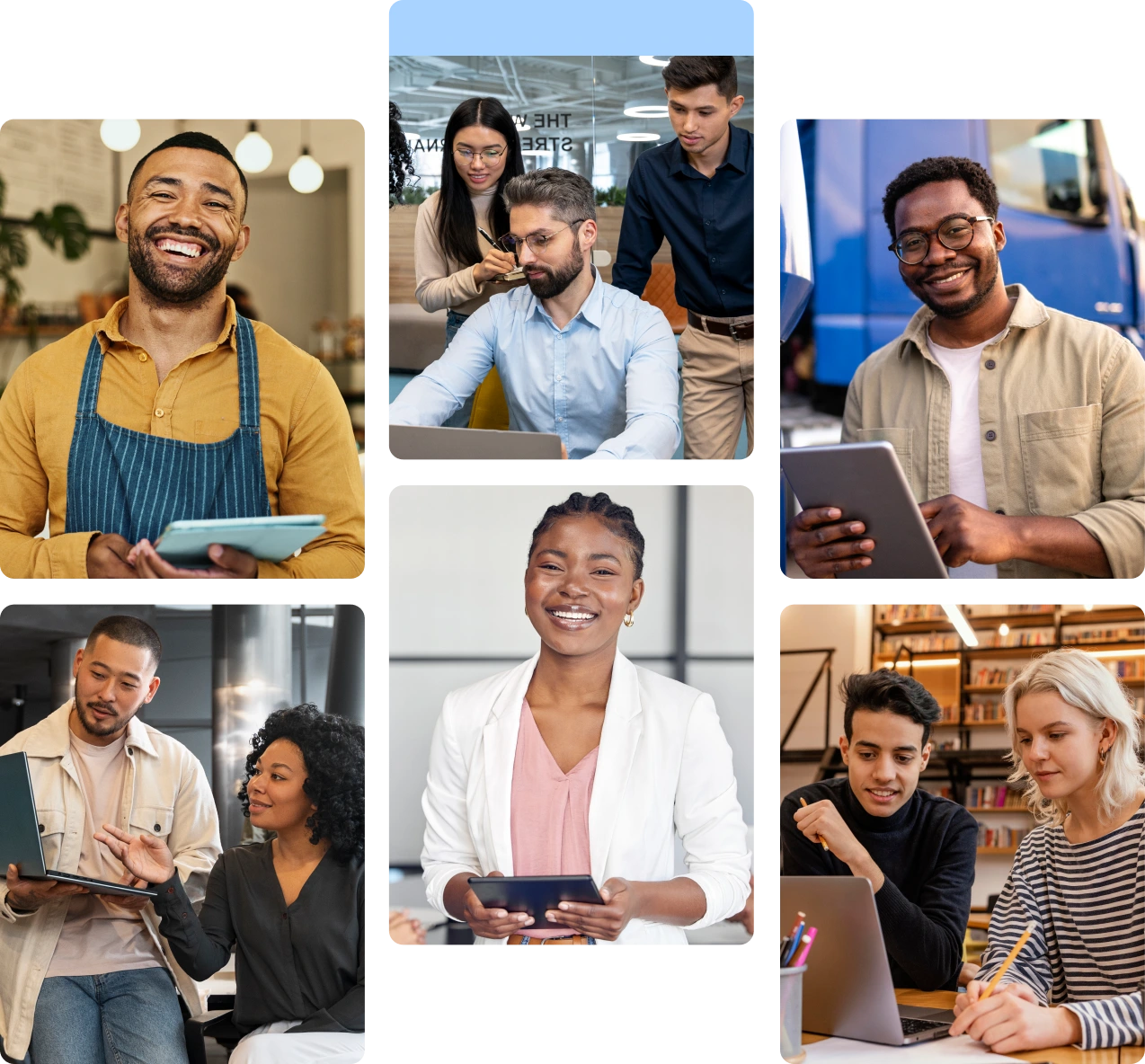 Uma colagem de seis fotos, mostrando profissionais diversos em vários ambientes de trabalho, incluindo um barista, equipes de escritório, estudantes e um motorista de caminhão. Esta imagem ilustra a ampla gama de talentos que o software de recrutamento Pandapé pode conectar com as empresas. O software de recrutamento Pandapé otimiza a busca e gestão de candidatos, assegurando processos de contratação eficientes e diversificados.