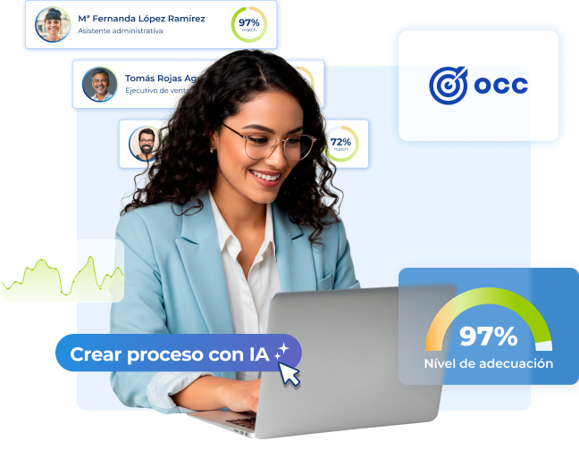Ejecutiva frente a computadora, rodeada de gráficos sobre reclutamiento como nivel de adecuacion, procesos con IA y OCC.
