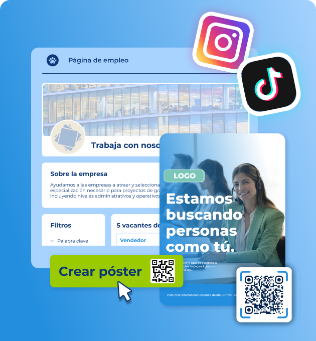 poster con una oferta de trabajo, con logos de IG y tiktok, rrss donde se comparten estas ofertas de trabajo