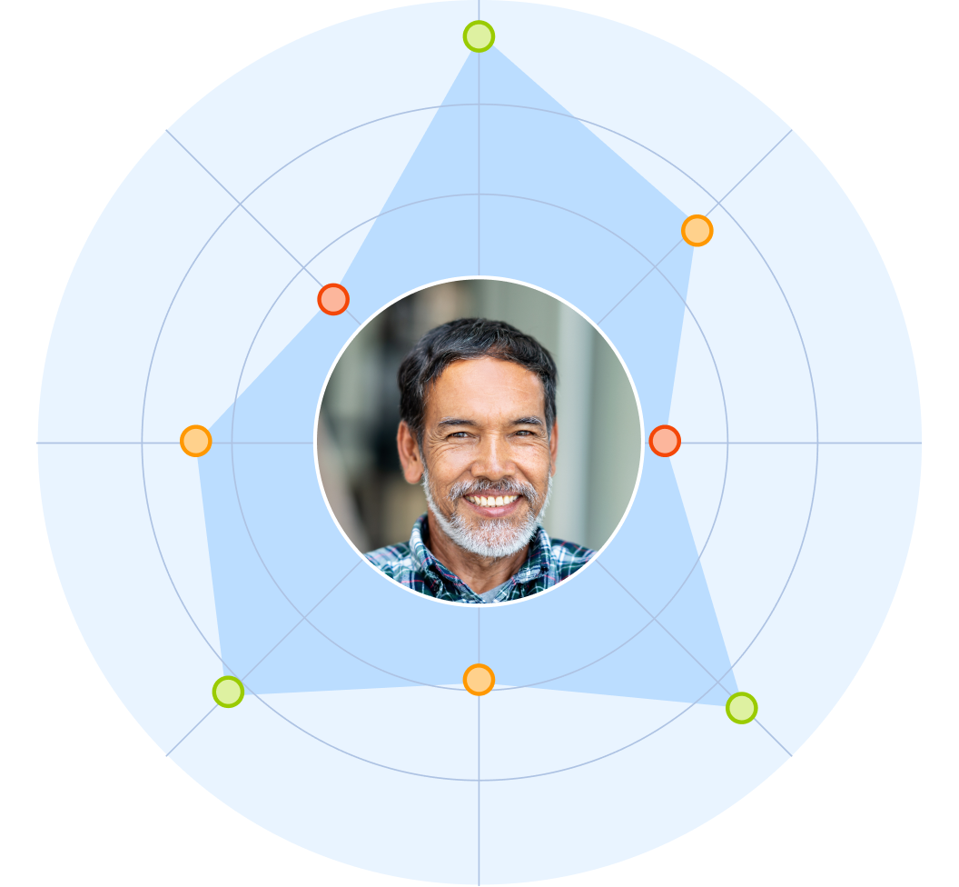 gráfico poligonal de color azul con la fotografía de un hombre moreno de mediana edad en el centro