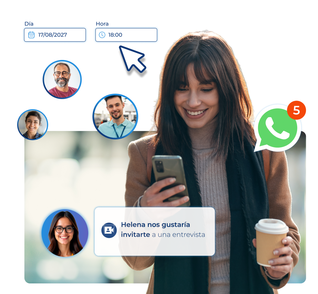 mujer joven de cabello largo oscuro mirando su móvil mientras alrededor aparecen perfiles de candidatos y notificaciones de Whatsapp