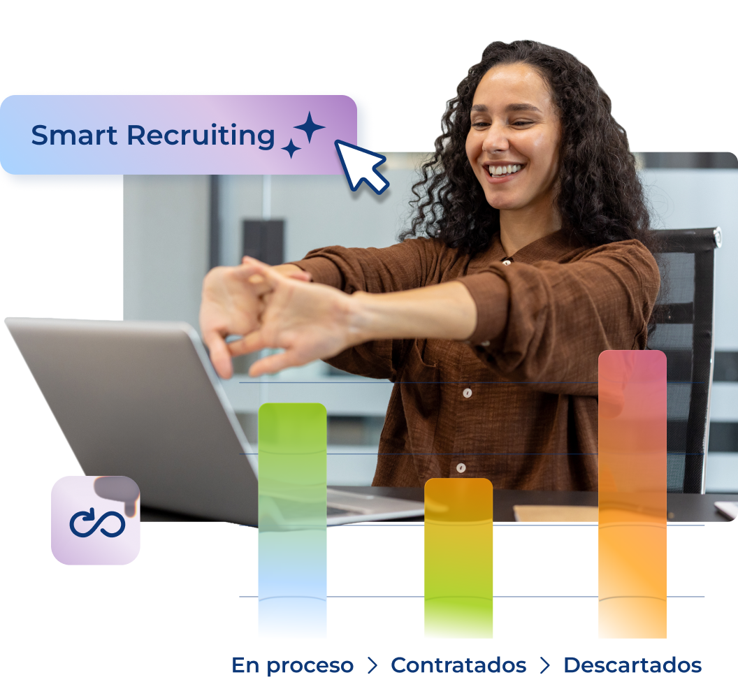 mujer con manos entrecruzadas y expresión feliz ante su portátil, alrededor hay gráficos de barras de colores y un botón que pone smart recruiting
