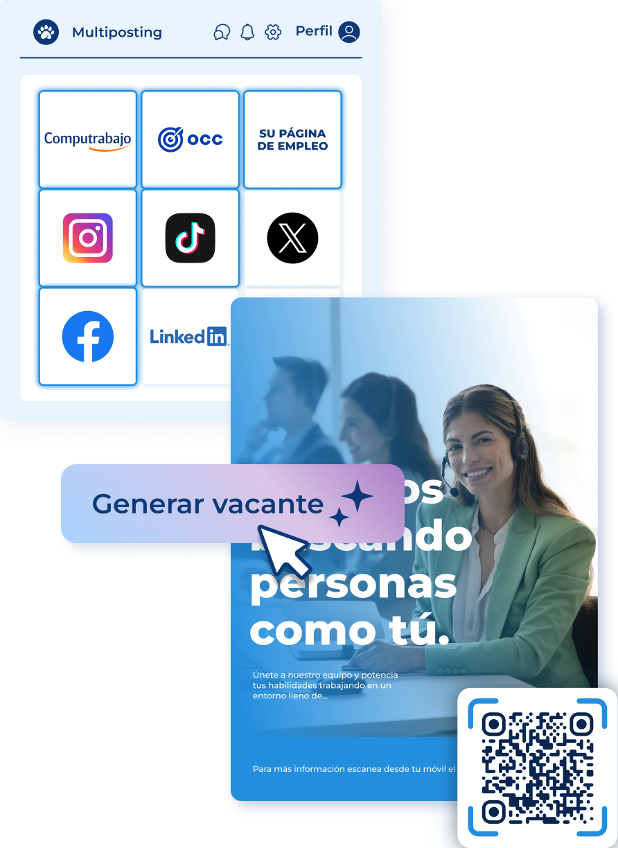 póster anunciando una vacante, código QR, ventana emergente de fuentes dónde publicar la vacante desde pandapé