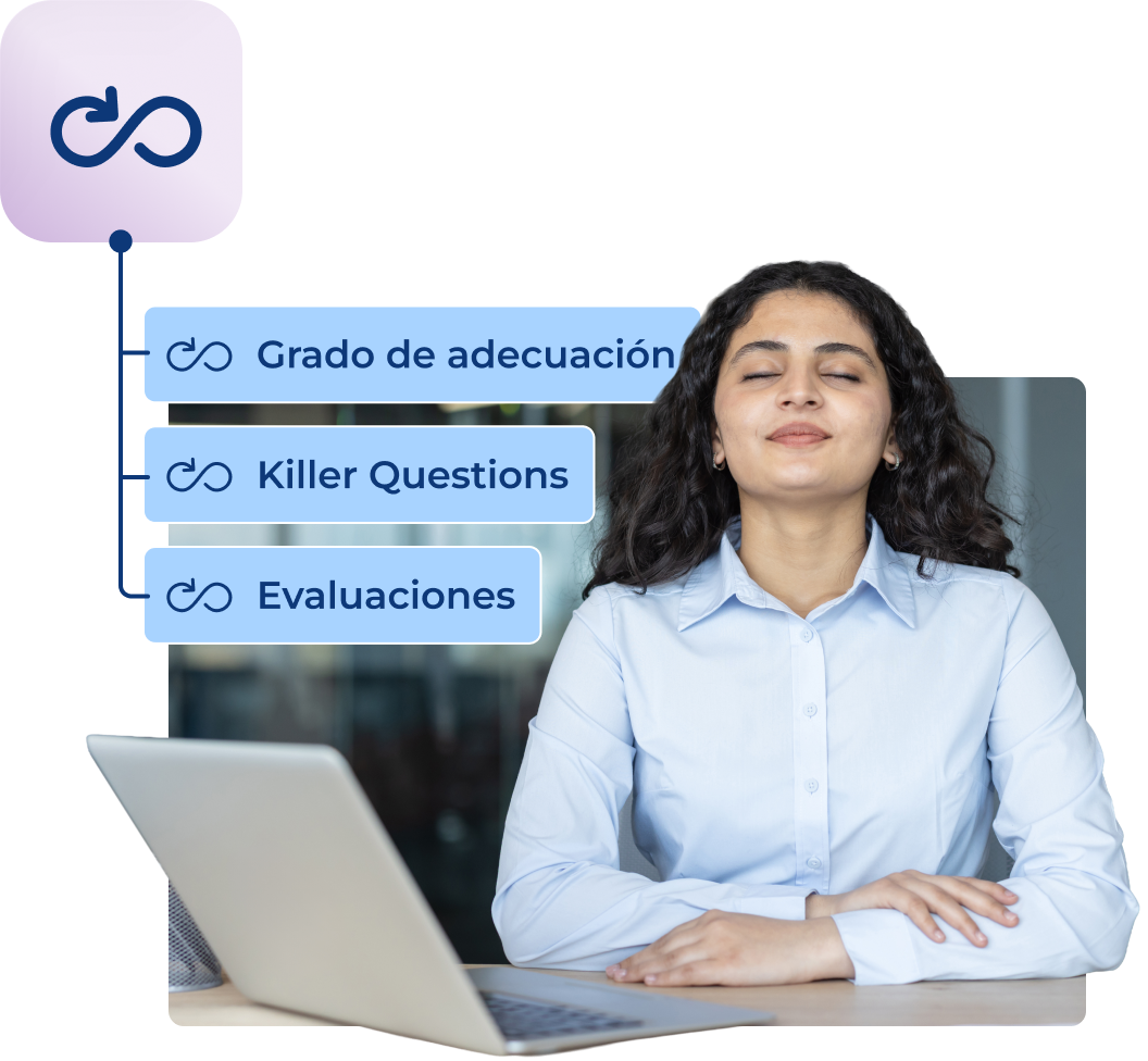 mujer morena con los ojos cerrados con expresión de relajación, alrededor botones de software emergentes e iconos