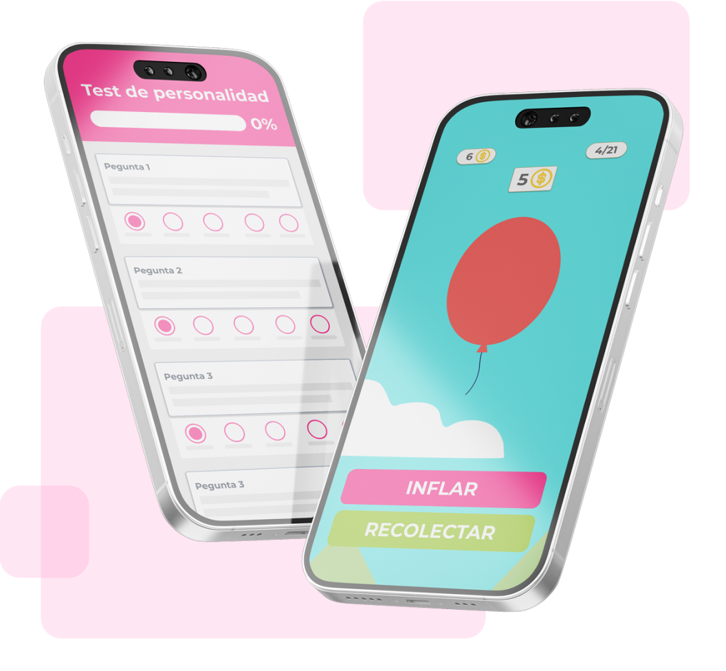dos mockups de móviles, el de la izquierda con un test de personalidad y el de la derecha con un juego de globos