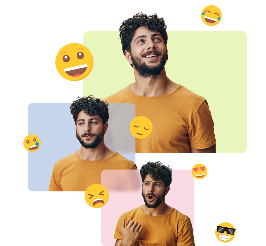 tres fotografías del mismo hombre joven con distintas expresiones, feliz, enfadado y sorprendido, alrededor hay emojis