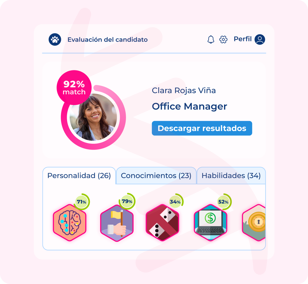 ventana de Genoma donde se ve el perfil de una candidata que ha realizado los tests de personalidad