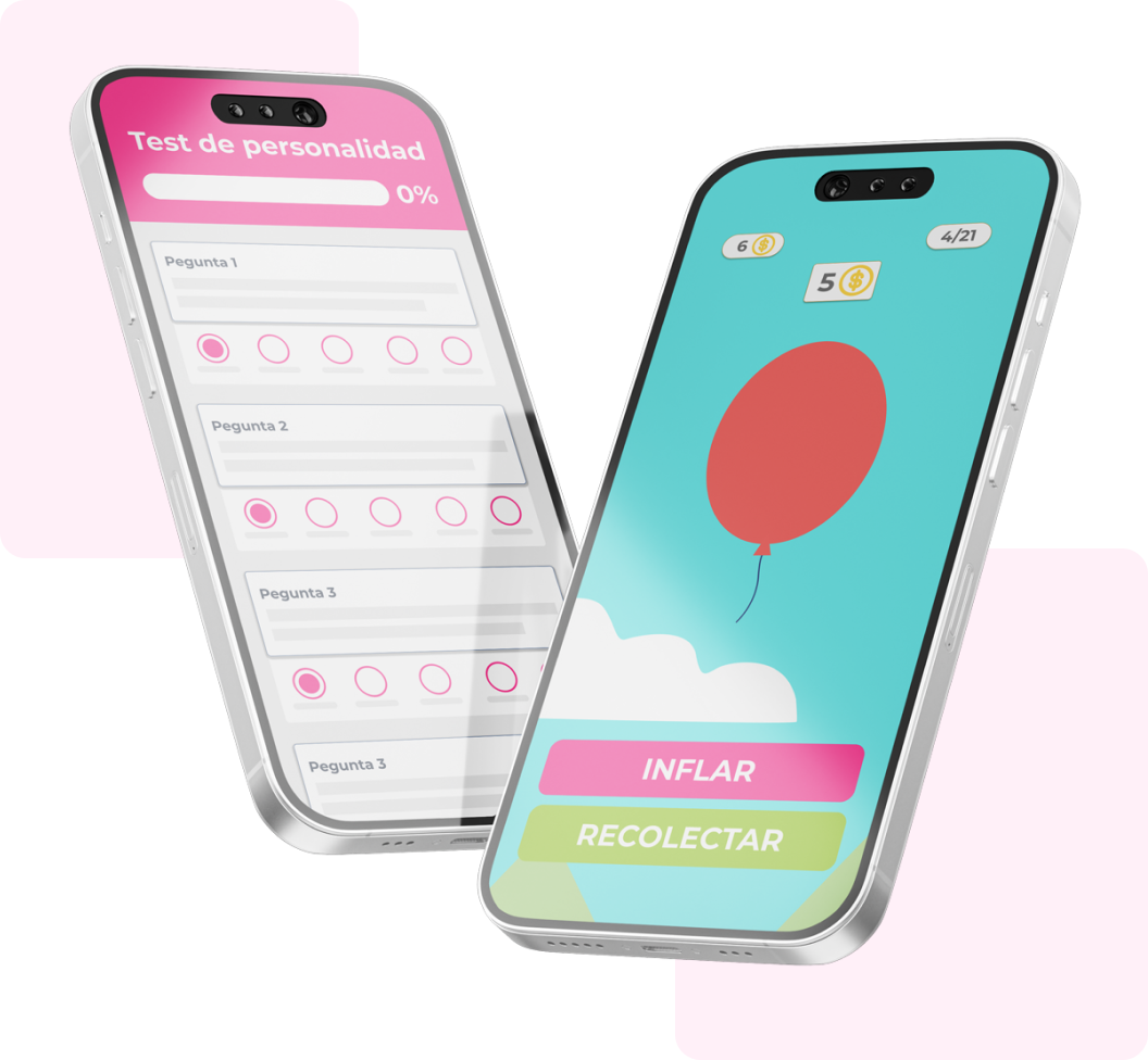 dos mockups de móviles, el de la izquierda con un test de personalidad y el de la derecha con un juego de globos