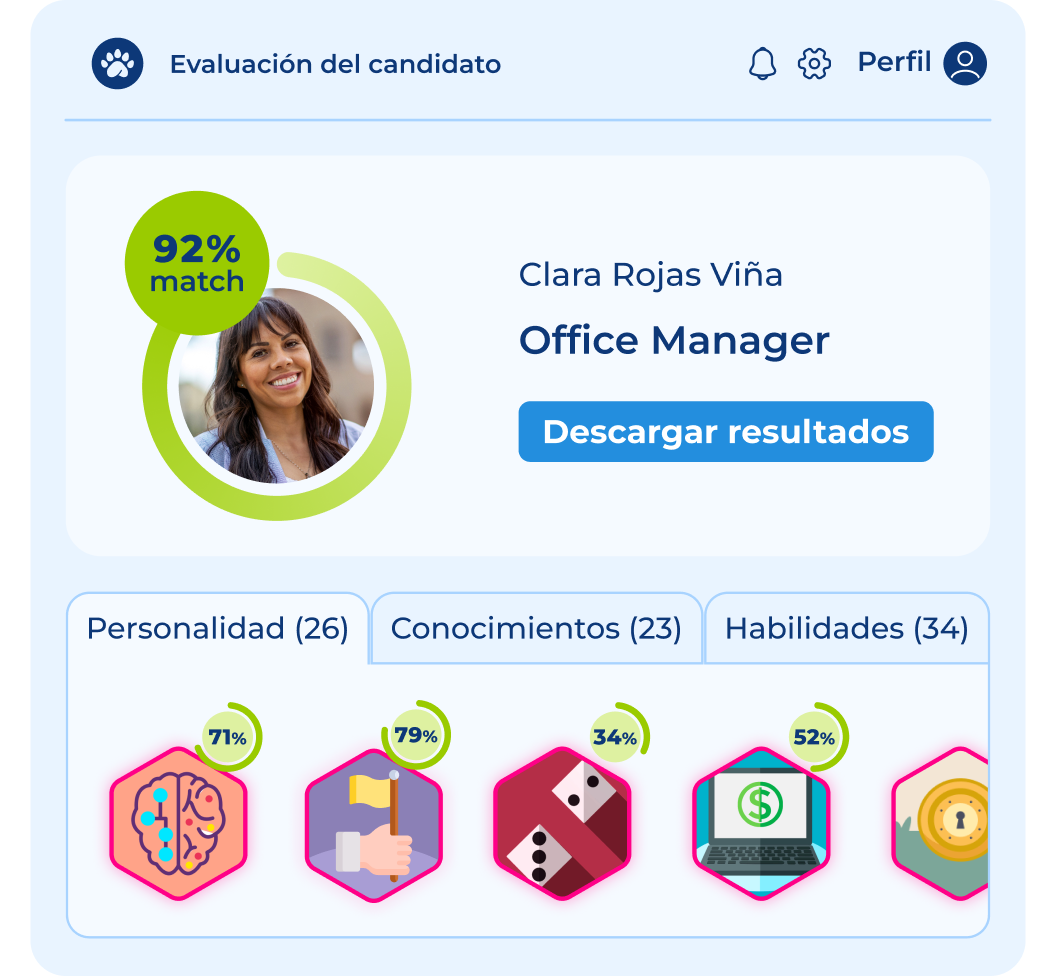 ventana de producto pandapé donde aparece el perfil de una candidata que ha hecho los tests de Personalidad
