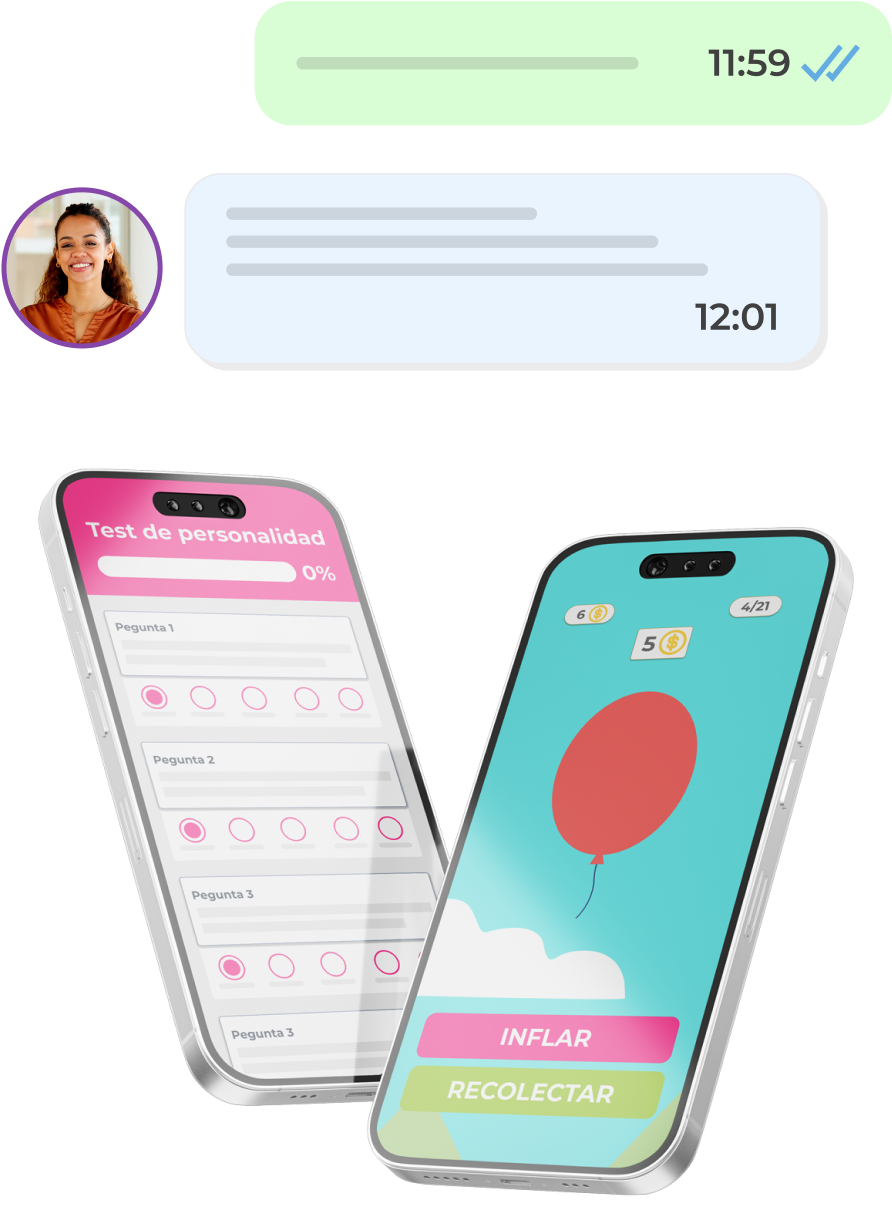 chat entre candidato y reclutador y dos mockups de móvil con juegos