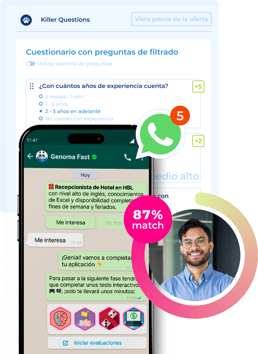 mockup de móvil con conversación sobre aplicar a una vacante, logo de whatsapp y fotografía circular de un candidato