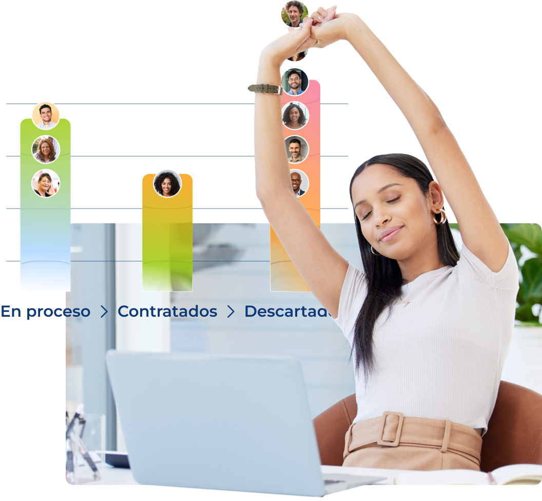 mujer morena con las manos entrecruzadas y los brazos levantados, con cara de relajación y felicidad, al fondo gráfico de barras de colores y fotografías circulares de candidatos