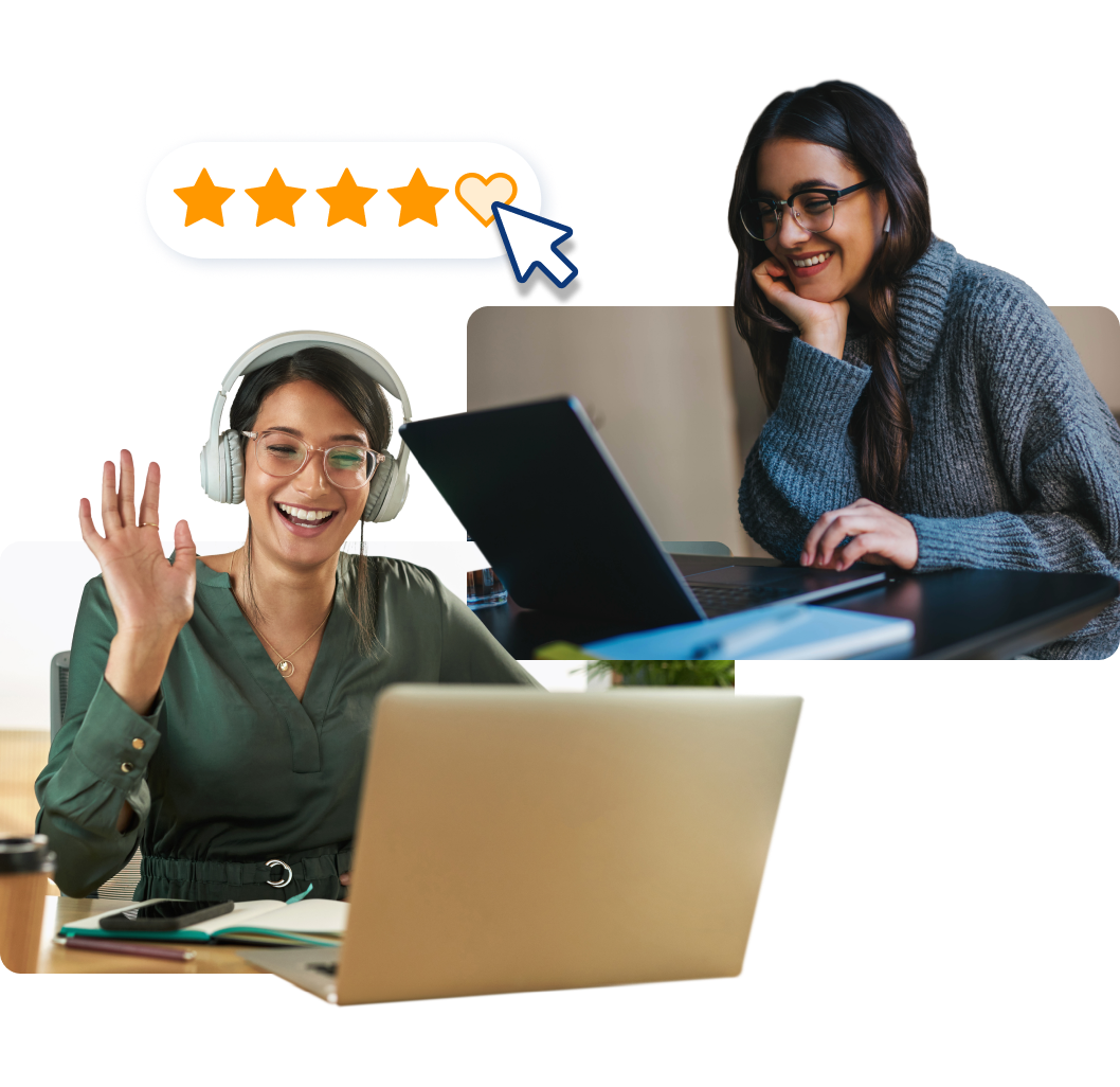 dos mujeres morenas trabajando con sus portátiles, alrededor iconos de estrellas