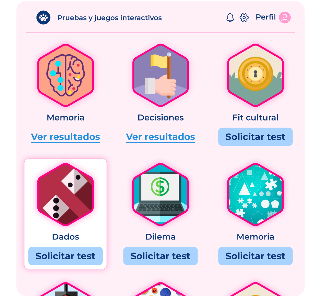 dashboard de distintos juegos y tests