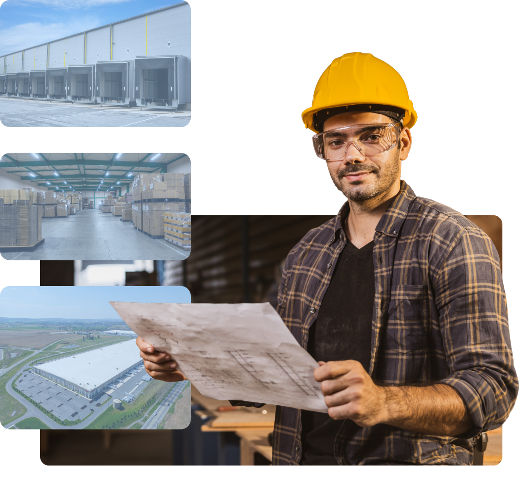 hombre joven con casco amarillo de construcción, gafas protectoras y sujetando un plano, detrás hay tres imágenes de espacios de almacén y construcción