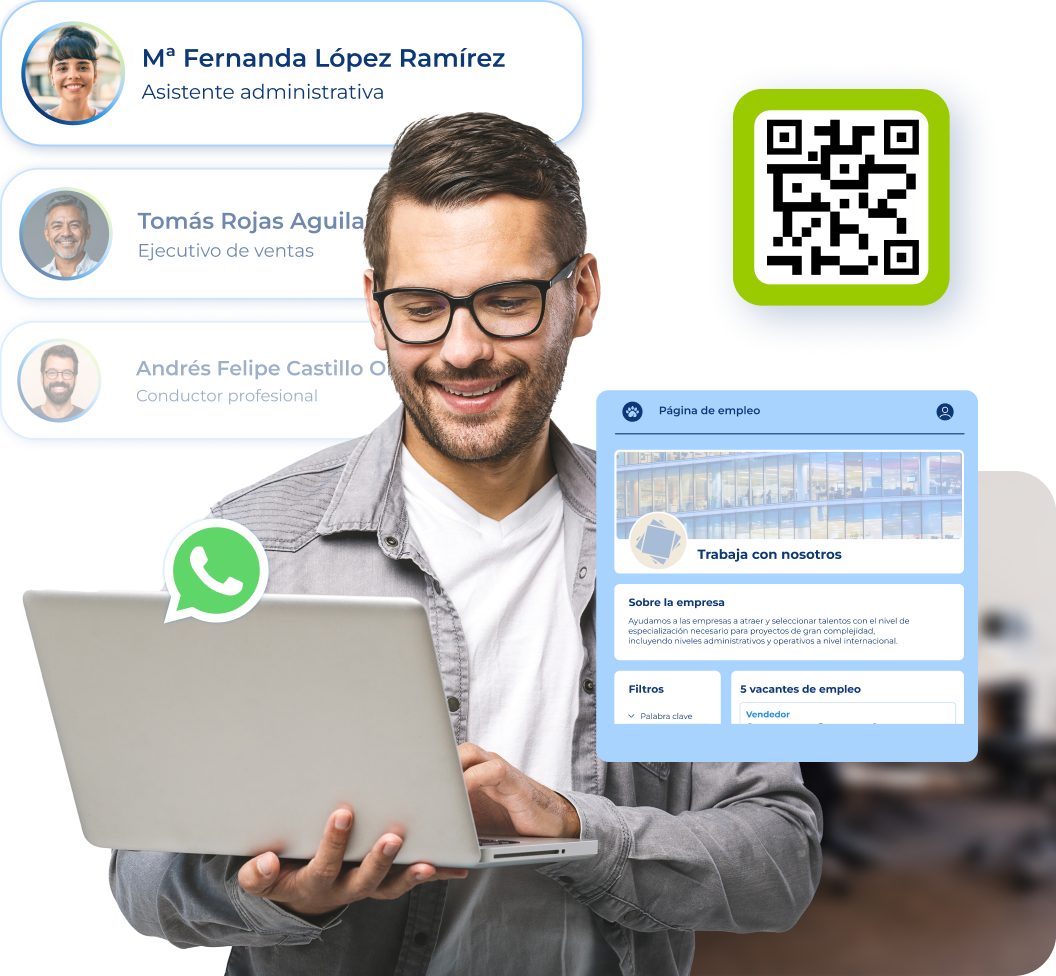 hombre con gafas sujeta un portátil, alrededor hay gráficos de perfiles de candidato y un QR